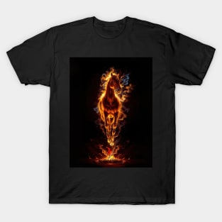 A fiery horse surrounded by flames and smoke T-Shirt